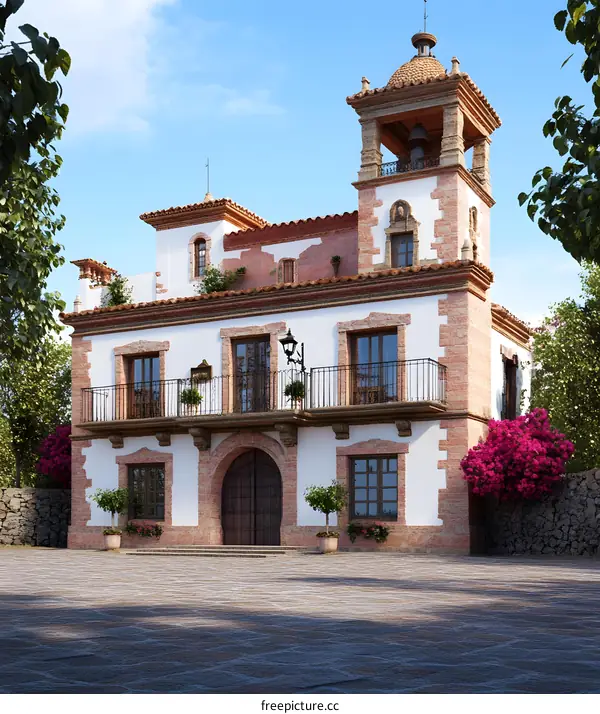 Spanish Style White House with Red Roof and Tower