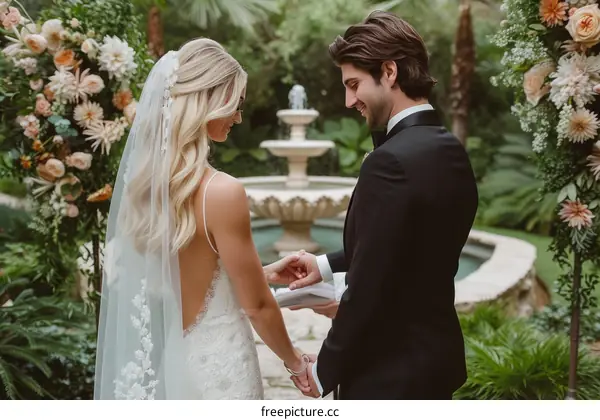 Happy Couple Holding Hands at Wedding Ceremony