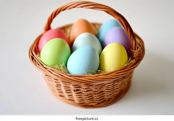 Colorful Easter Eggs in a Wicker Basket