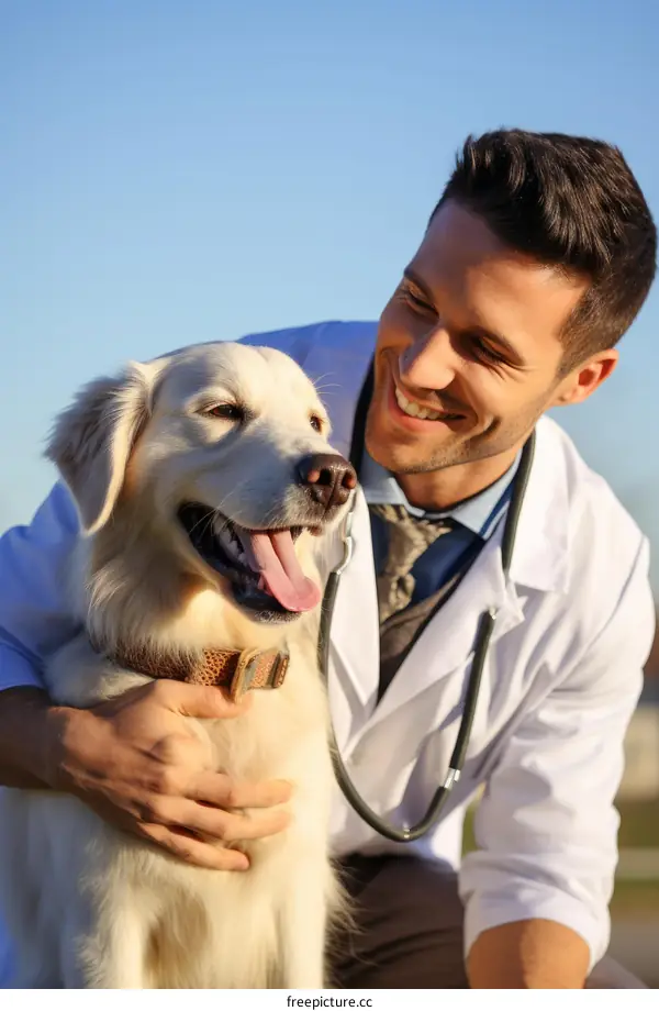 Young male veterinarian with golden retriever outdoors