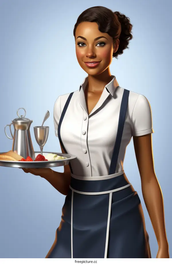 African American Waitress in Uniform Serving Food and Drinks