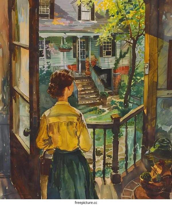 A woman looking out the door