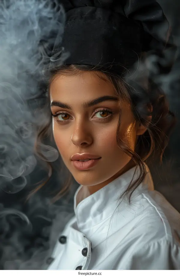 Portrait of a Female Chef Posing in a Smoke-Filled Kitchen