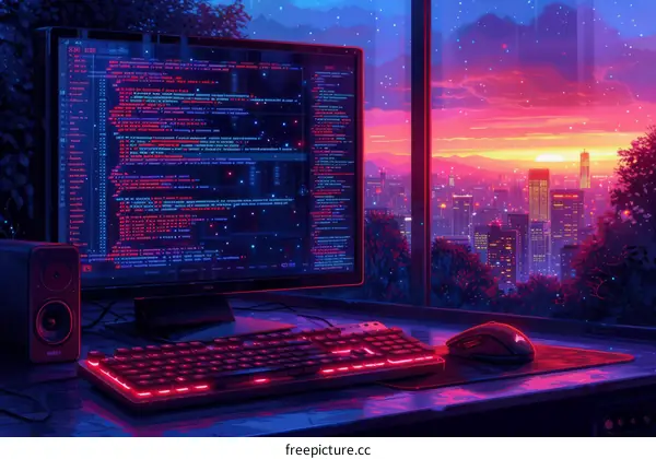 A programmer's dream workspace with a computer, keyboard, mouse, and speakers. The large window shows a beautiful sunset over a city.