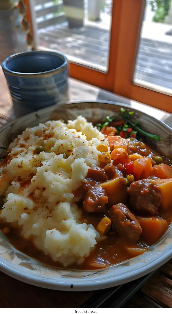 Close Up Of Delicious Mashed Potatoes And Beef Stew In A Bowl