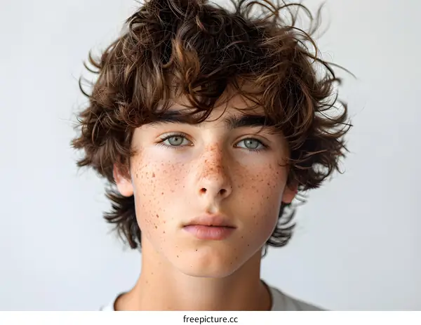Portrait of a young man with freckles and green eyes