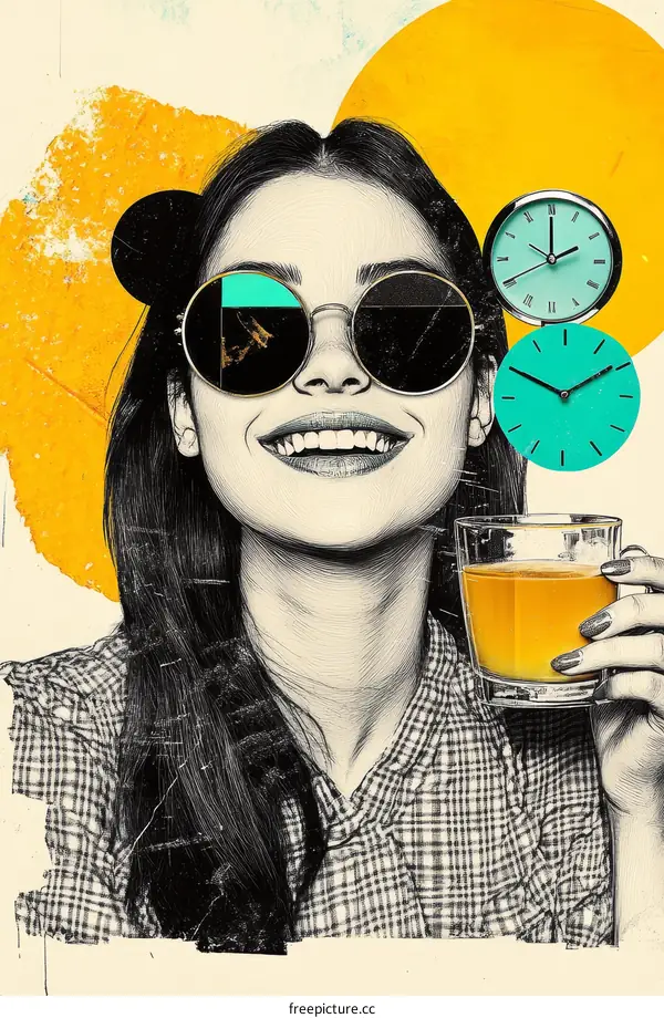 A Woman with Sunglasses and Juice in a Creative Collage Style