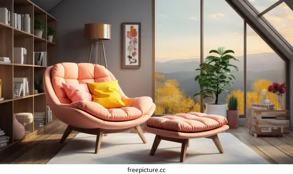 Cozy Living Room with Pink Armchair and Mountain View