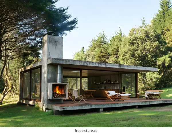 Modern Concrete House with a Fireplace in the Woods