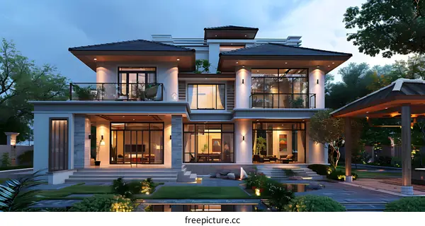 The villa is surrounded by greenery