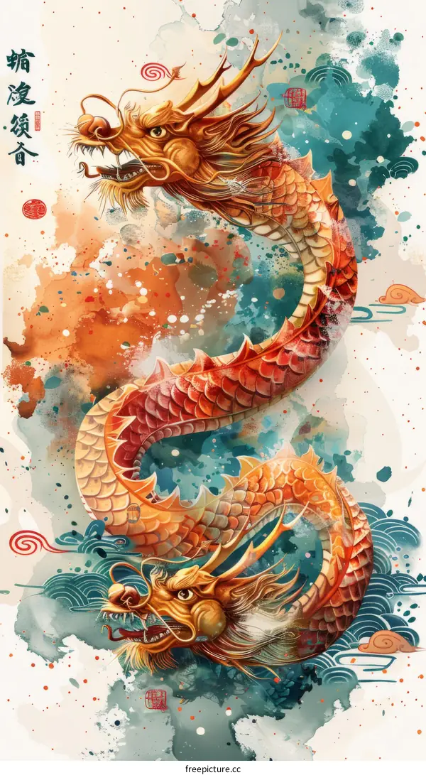 An illustration of a golden dragon with red and blue details on a white background with blue and orange splashes