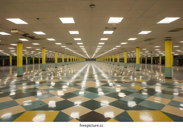 Empty Large Room with Yellow and Green Columns