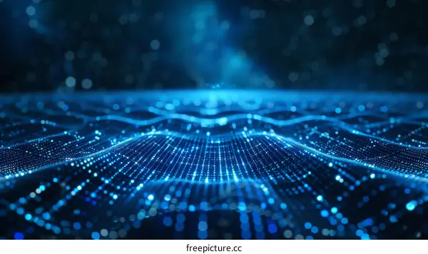 Blue glowing futuristic wave of particles flowing across the screen