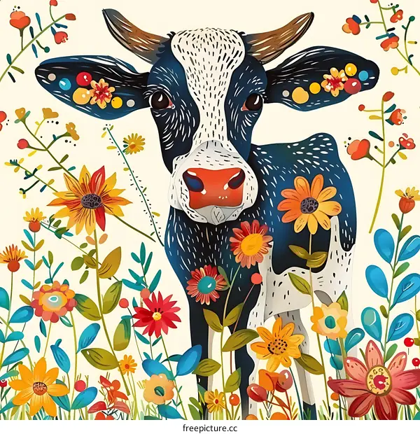 Cute Cow in a Field of Flowers Illustration
