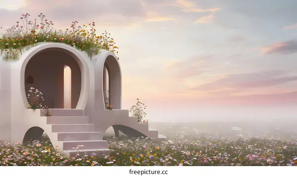Modern Architectural Design of a House in a Field of Flowers