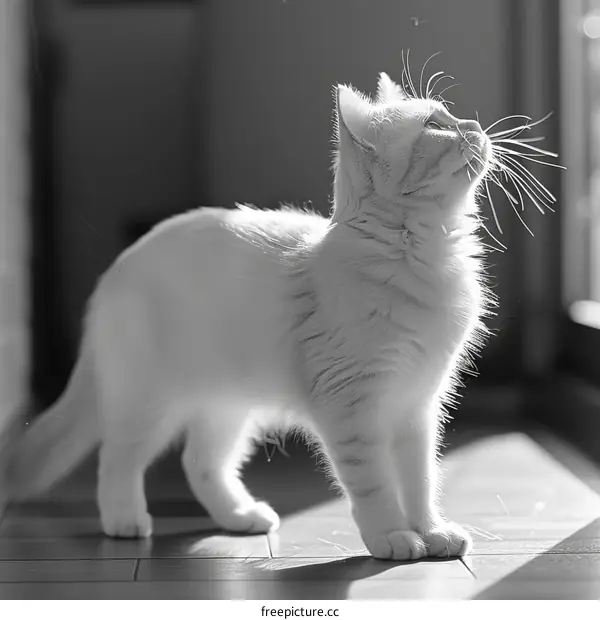 A curious white cat looking up at something