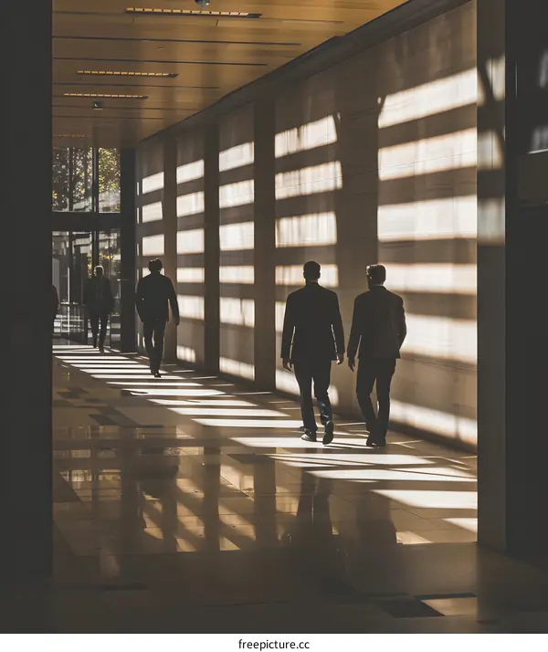 Businessmen Walking in Modern Office Hallway with Sunlight Streaming Through