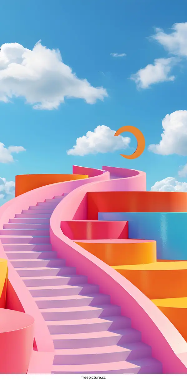 Abstract Stairway to Heaven with Colorful Shapes and a Crescent Moon
