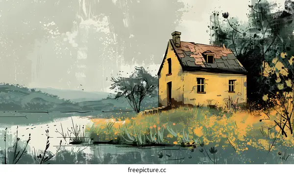 Yellow Cottage in the Countryside Landscape Illustration