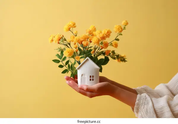 A Miniature House Surrounded by Yellow Flowers Held in Hands