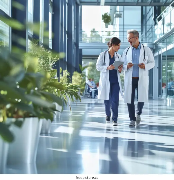 Two doctors discussing medical case while walking in hospital corridor