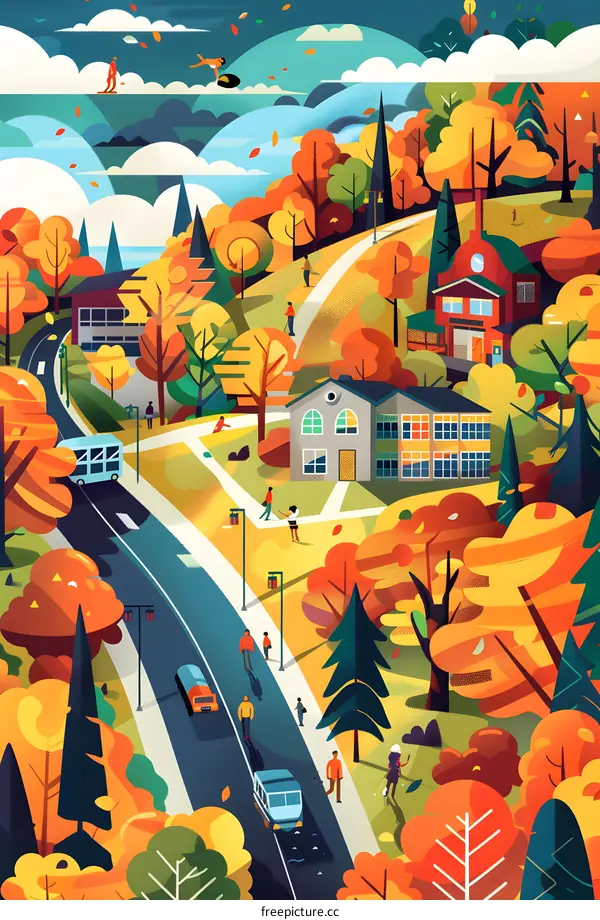 Autumn Scene with People Walking on a Path in a Colorful Forest