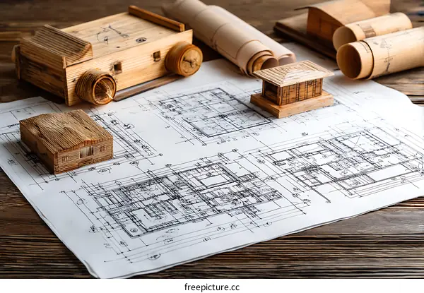 Architectural Drawings with Wooden Models