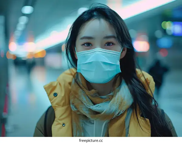 Portrait of a young woman wearing a mask in a public place