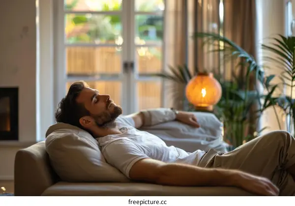 Bearded man napping on couch near house plants