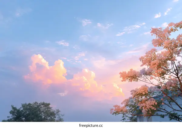 Pastel Sunset Sky with Blossoming Trees