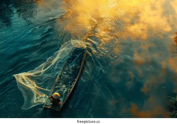 Vietnamese fisherman alone in his boat on the river at sunrise