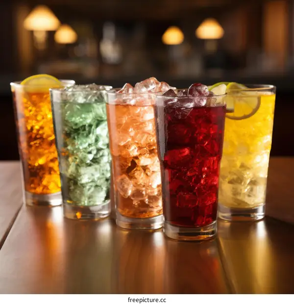 Five glasses of soda on a bar