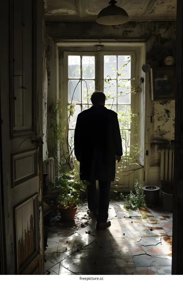 Man in suit walking through overgrown room