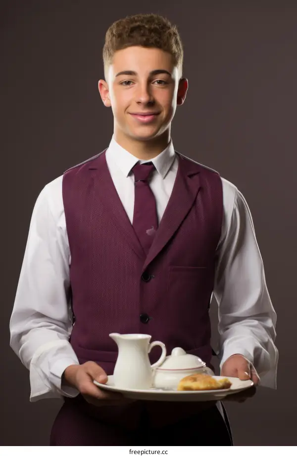 Young waiter with a托盘of food and drink