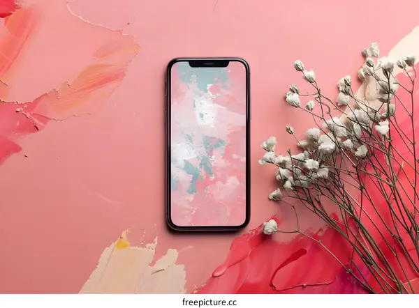 Pink Background Smartphone With Flowers