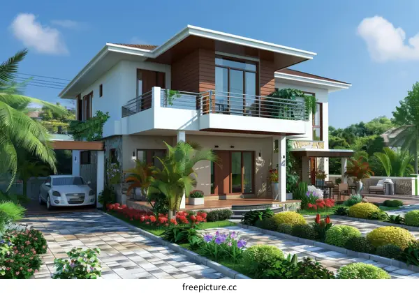 Modern House Exterior Design with Lush Landscaping