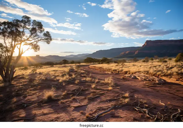 Dramatic Sunset Over a Vast Desert Landscape