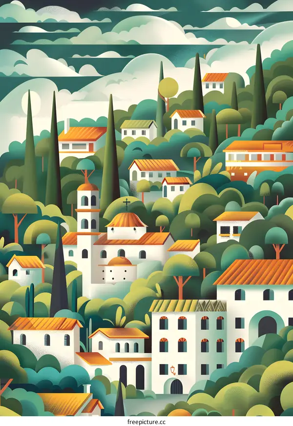 Mediterranean Village Illustration with Green Trees and Orange Roofs