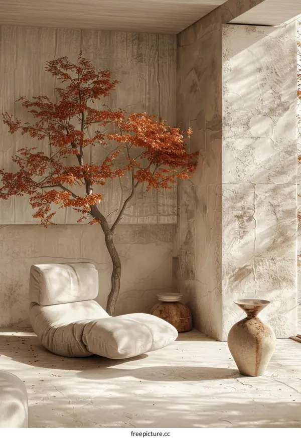Modern Minimalist Interior Design with a  Cozy Lounge Chair and Autumnal Tree
