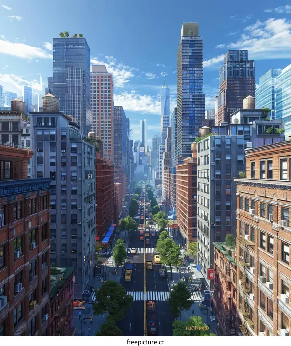 Urban Cityscape with Towering Buildings and Busy Streets