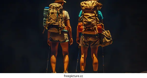 Two women backpackers standing on a rock in front of a canyon