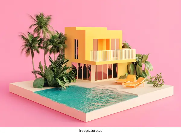 Minimalist Tropical House with Pool and Palm Trees