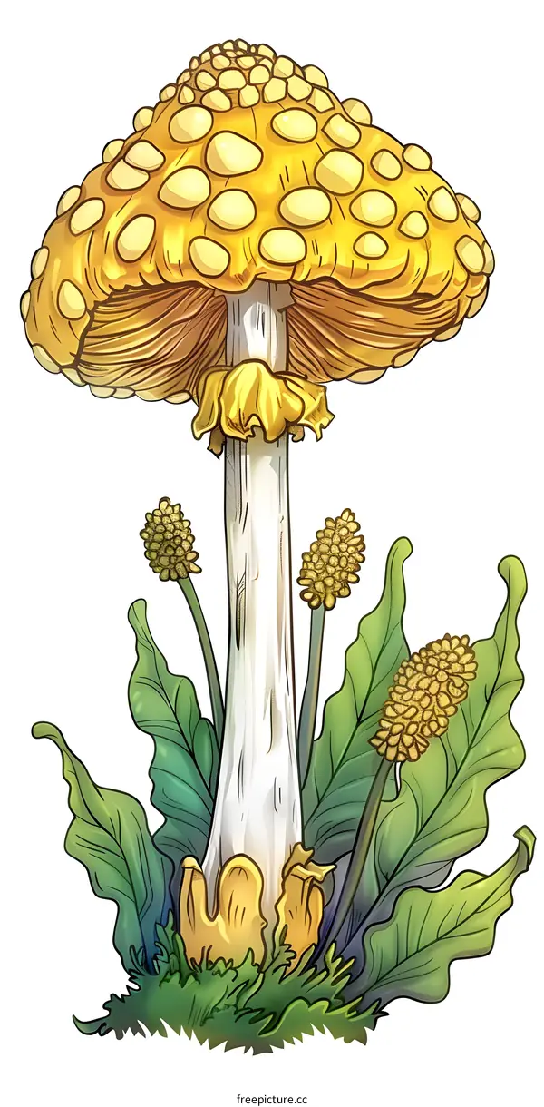 Yellow Mushroom Illustration With Green Leaves
