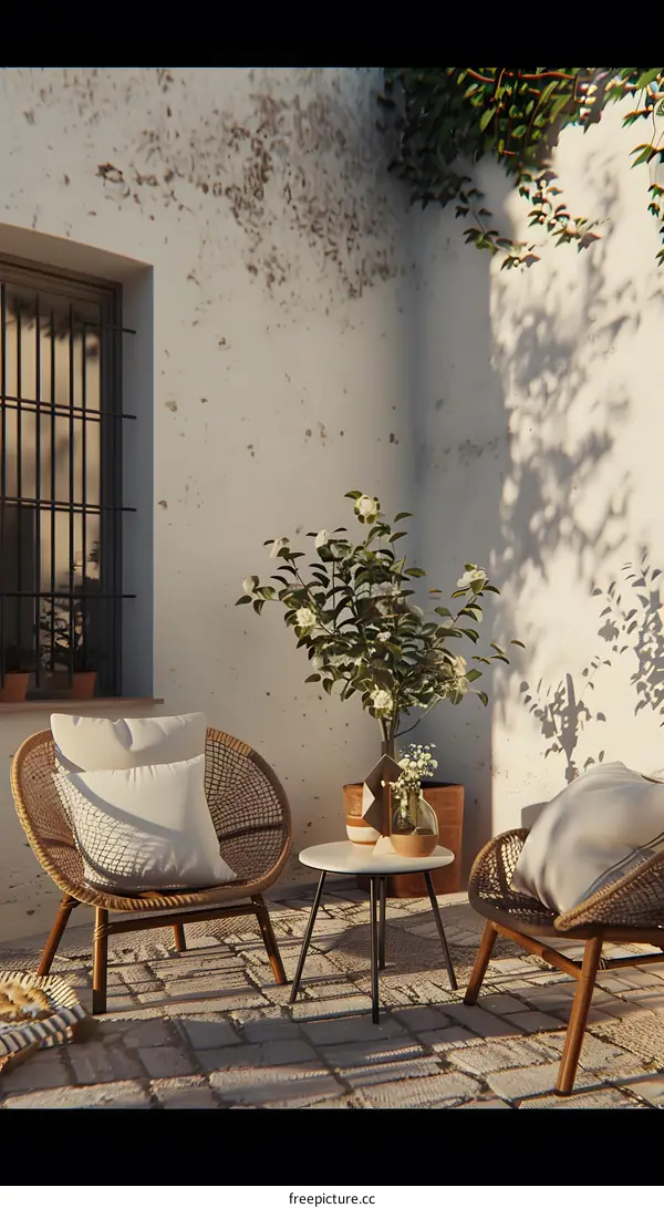 Two Wicker Chairs with Cushions in a Cozy Patio Setting
