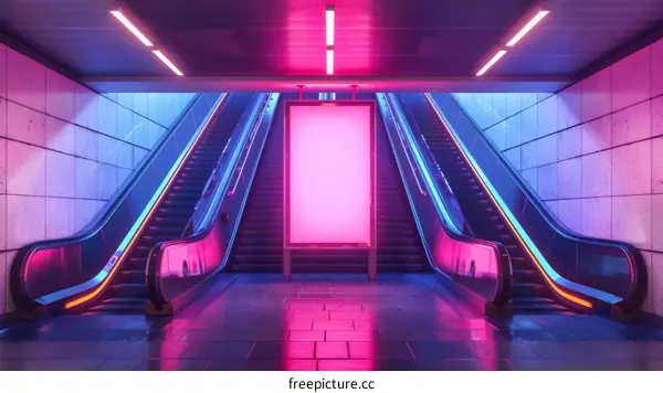 A digital billboard in a subway station with escalators going up and down