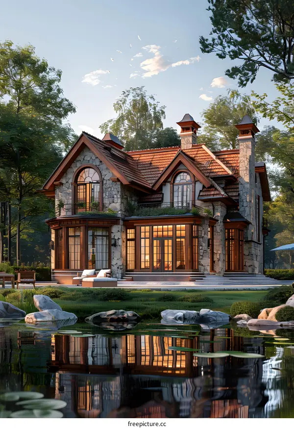 Luxury Stone Cottage with Pond Reflection