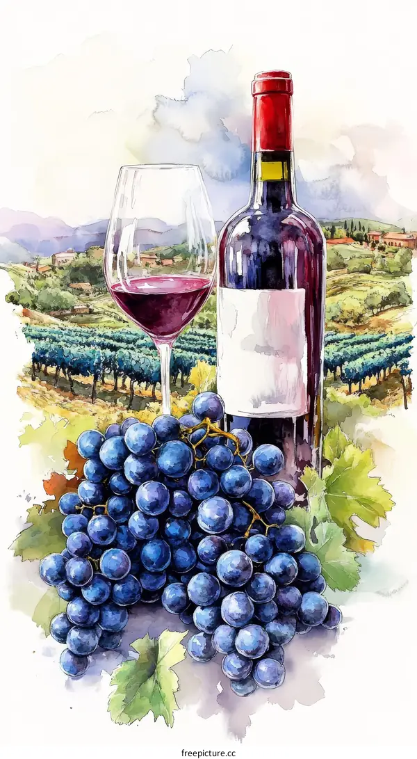 Watercolor Painting of Red Wine and Grapes with Vineyard Landscape
