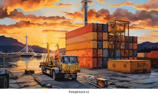 A large container ship is docked at a busy port. The ship is being unloaded by a large crane. There are many containers on the dock. The sun is setting in the background.