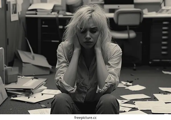 A blonde woman sits on the floor of an office surrounded by papers with her hands on her head