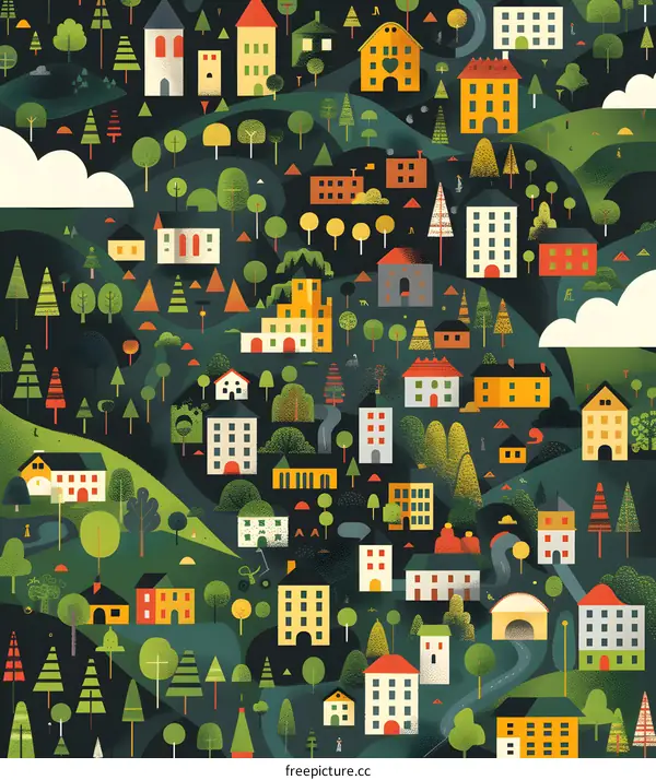 Colorful Houses In A Green Forest Illustration